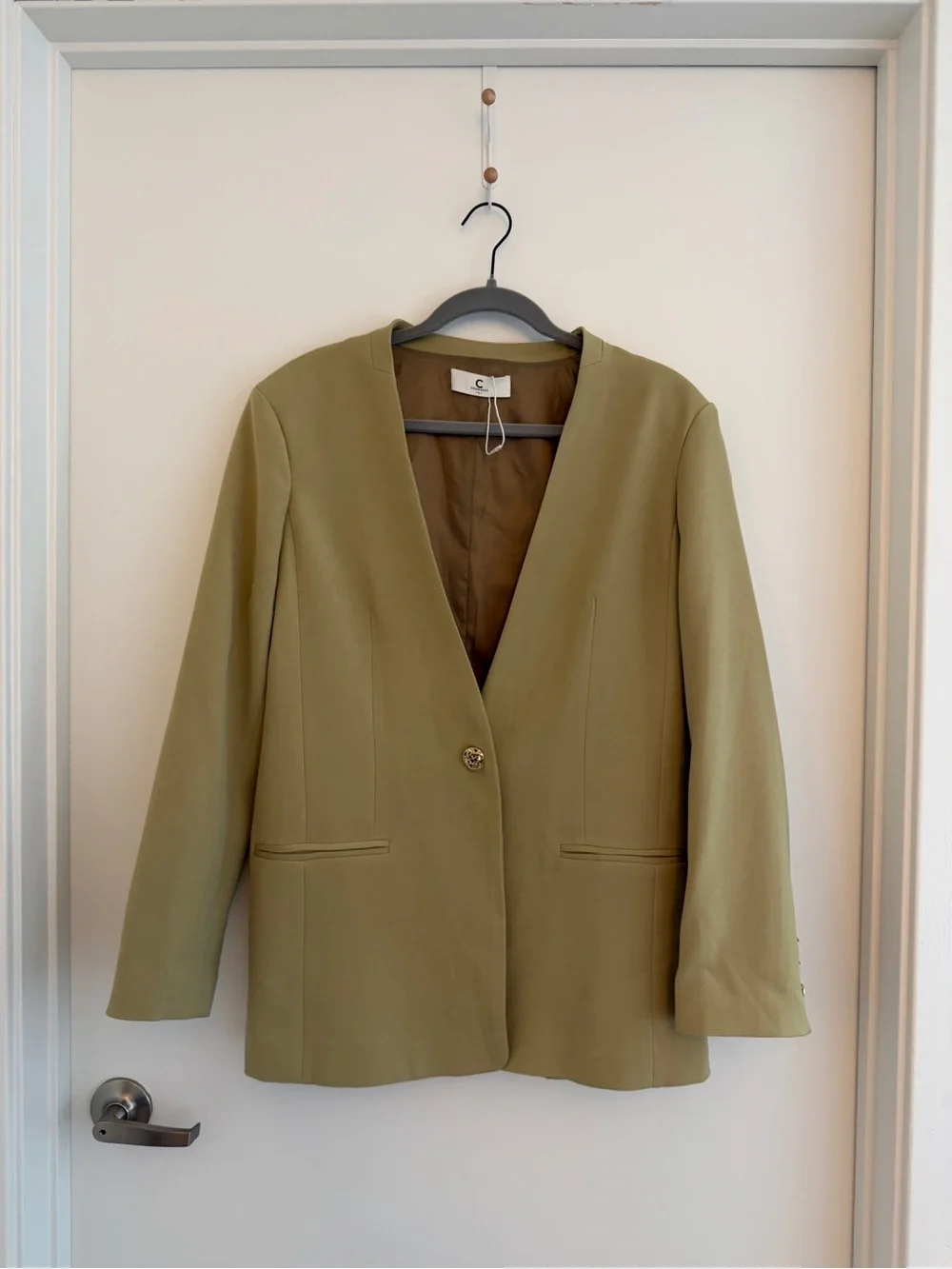 Commense Olive Green V-Neck Single-Button Blazer Gold Buttons